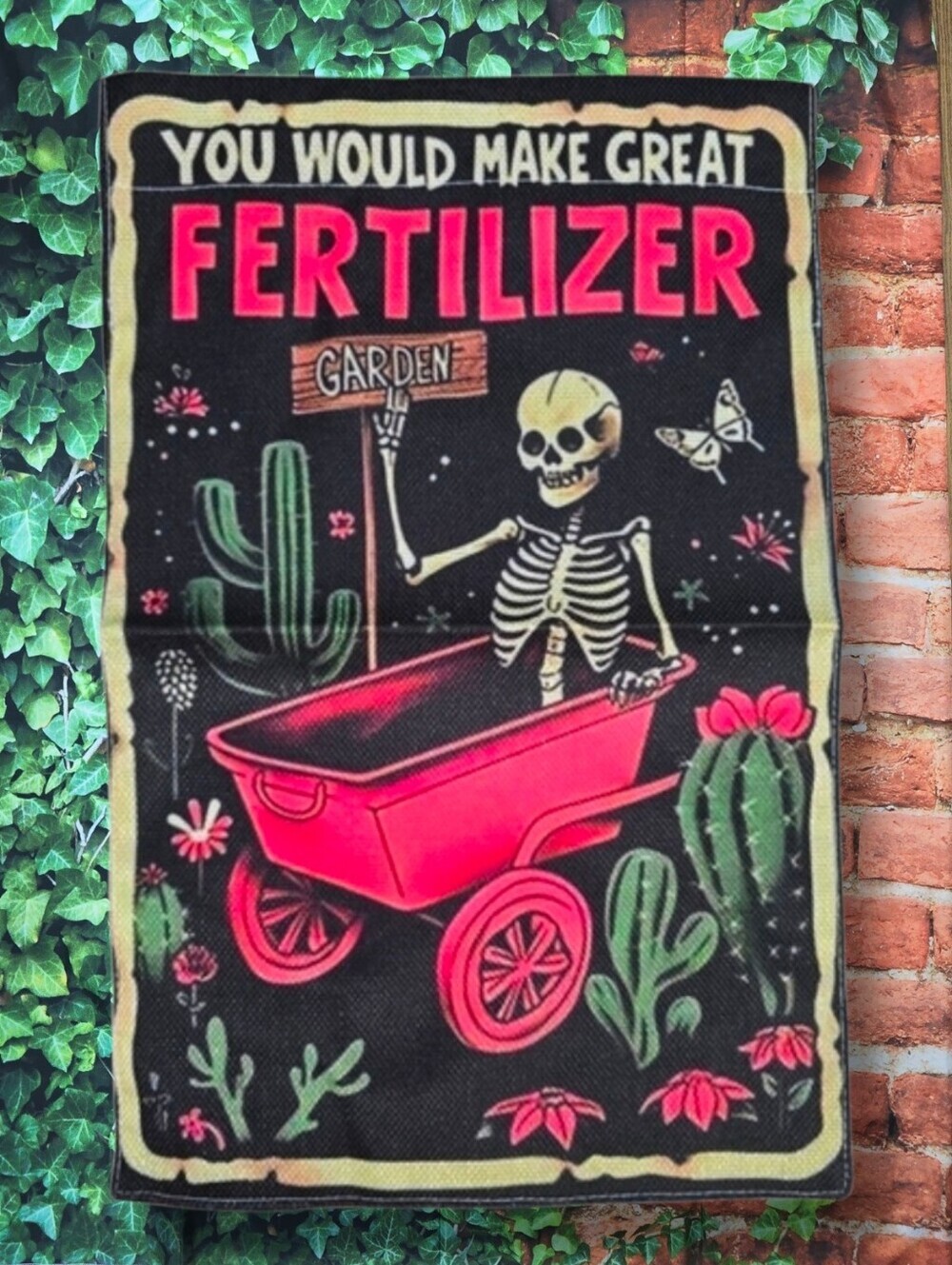 All Season Humorous Fertilizer Skeleton Garden Flag with Pink Accents NEW!